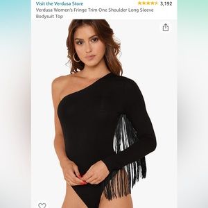 Black One-Shoulder Long Sleeve Fringe Thong Bodysuit